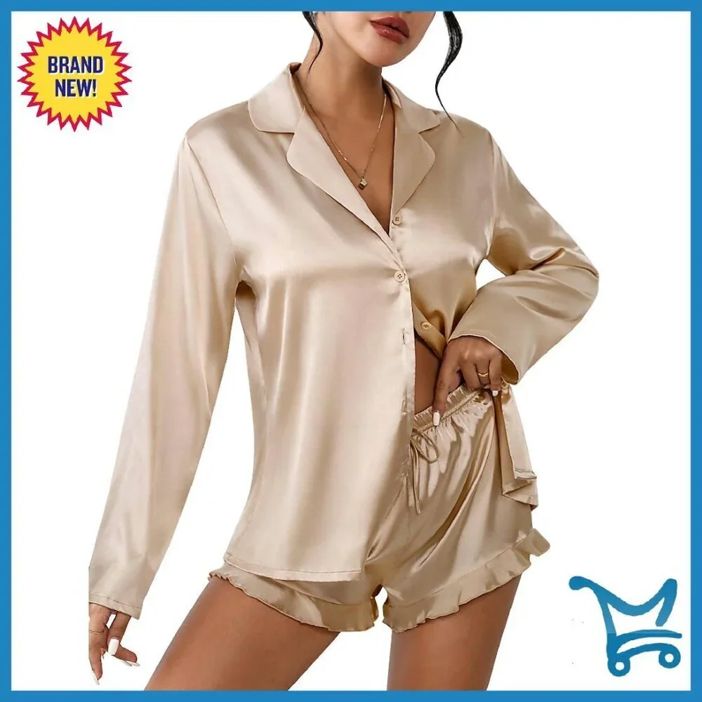 Silky Satin Pajama Set Long Sleeve Top Shorts Lounge Sleepwear